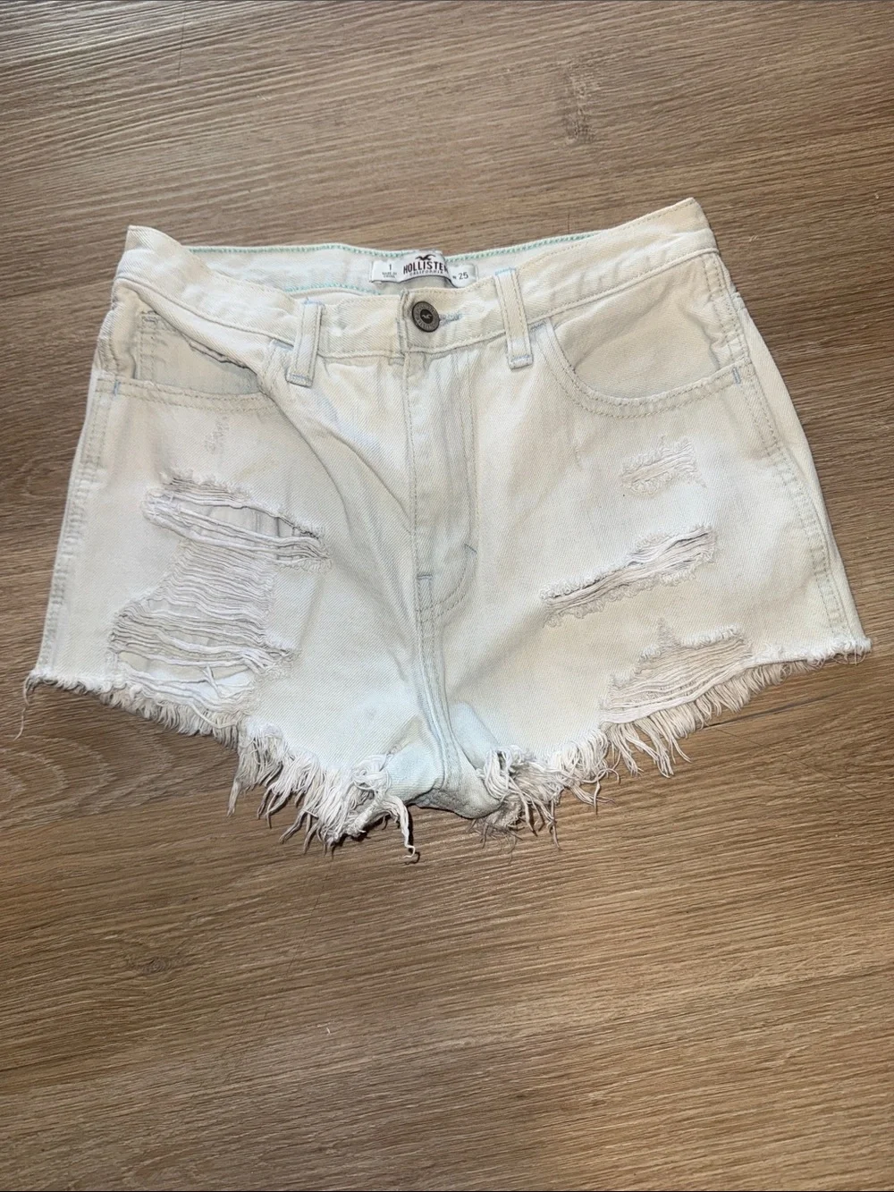 HOLLISTER Light Blue Wash Distressed Denim High Waisted Raw Hem Jean Short